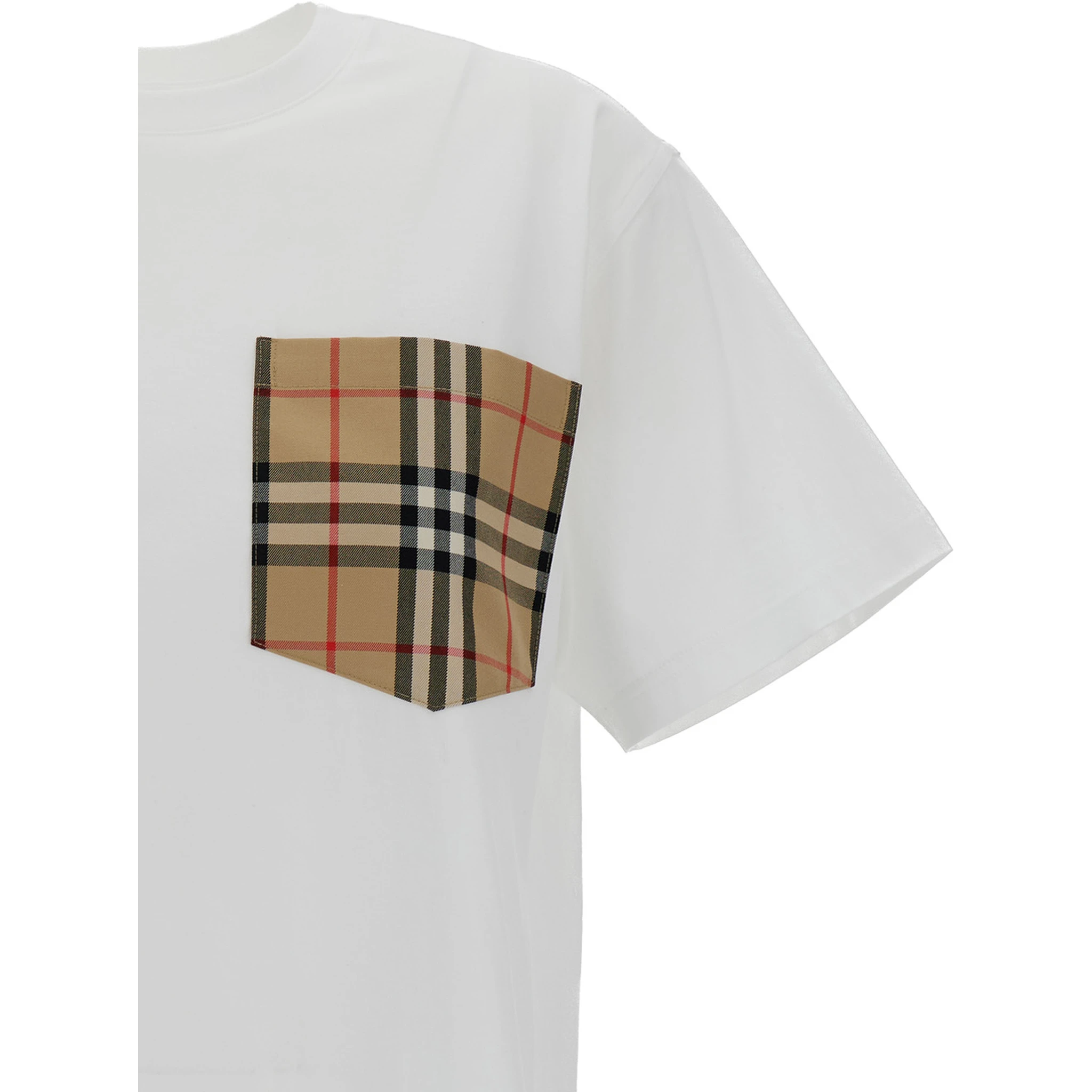 White Crewneck T-Shirt with Check Pocket in Cotton Woman