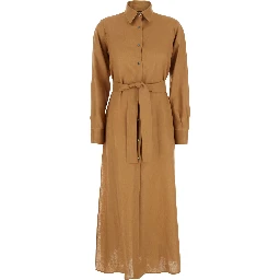 Beige Dress with Classic Collar and Adjustable Skirt in Linen Woman