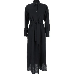 Black Dress with Classic Collar and Adjustable Skirt in Linen Woman