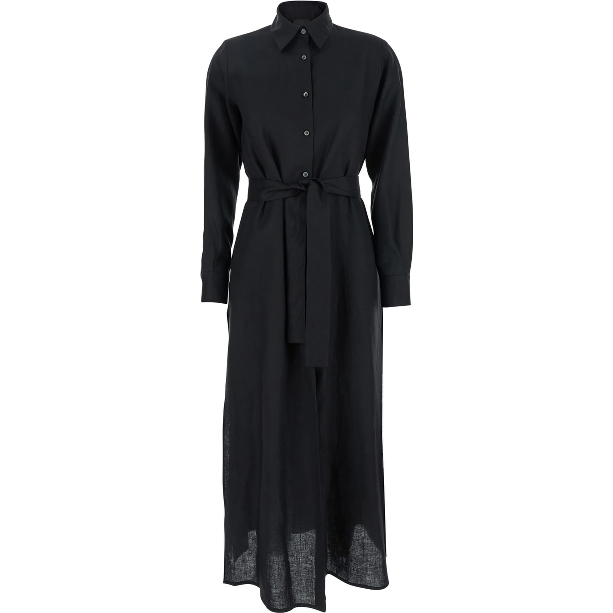Black Dress with Classic Collar and Adjustable Skirt in Linen Woman