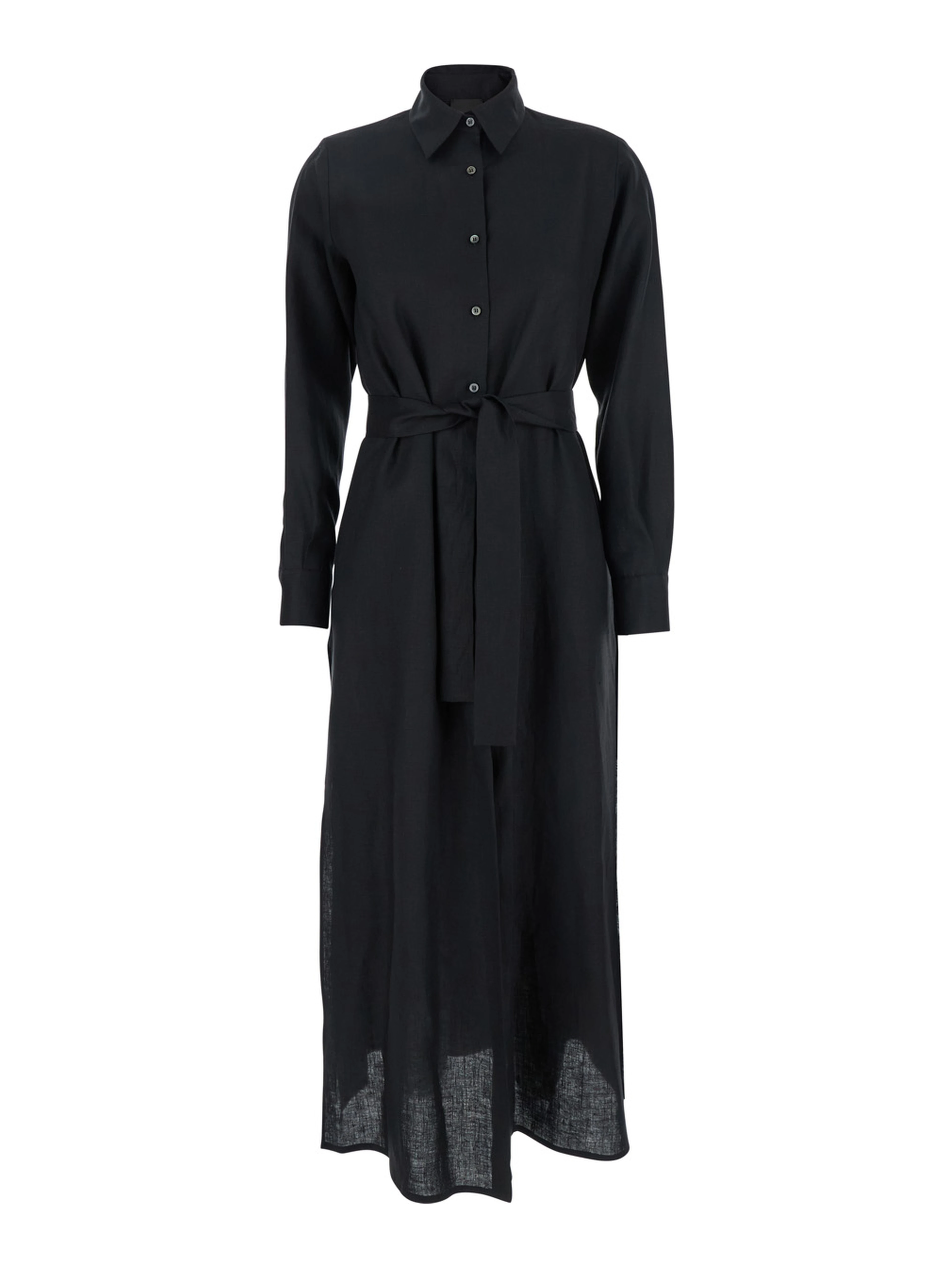 Black Dress with Classic Collar and Adjustable Skirt in Linen Woman