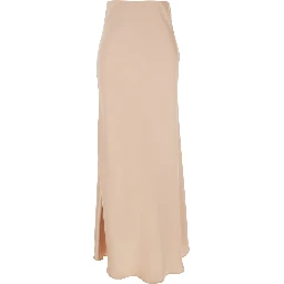 Beige Long Skirt with Ruffle Detail at the Bottom in Satin Woman