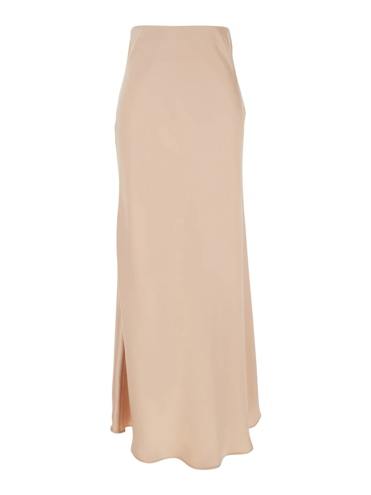 Beige Long Skirt with Ruffle Detail at the Bottom in Satin Woman