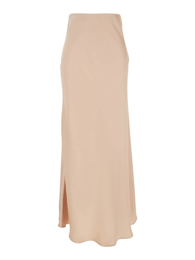 Beige Long Skirt with Ruffle Detail at the Bottom in Satin Woman