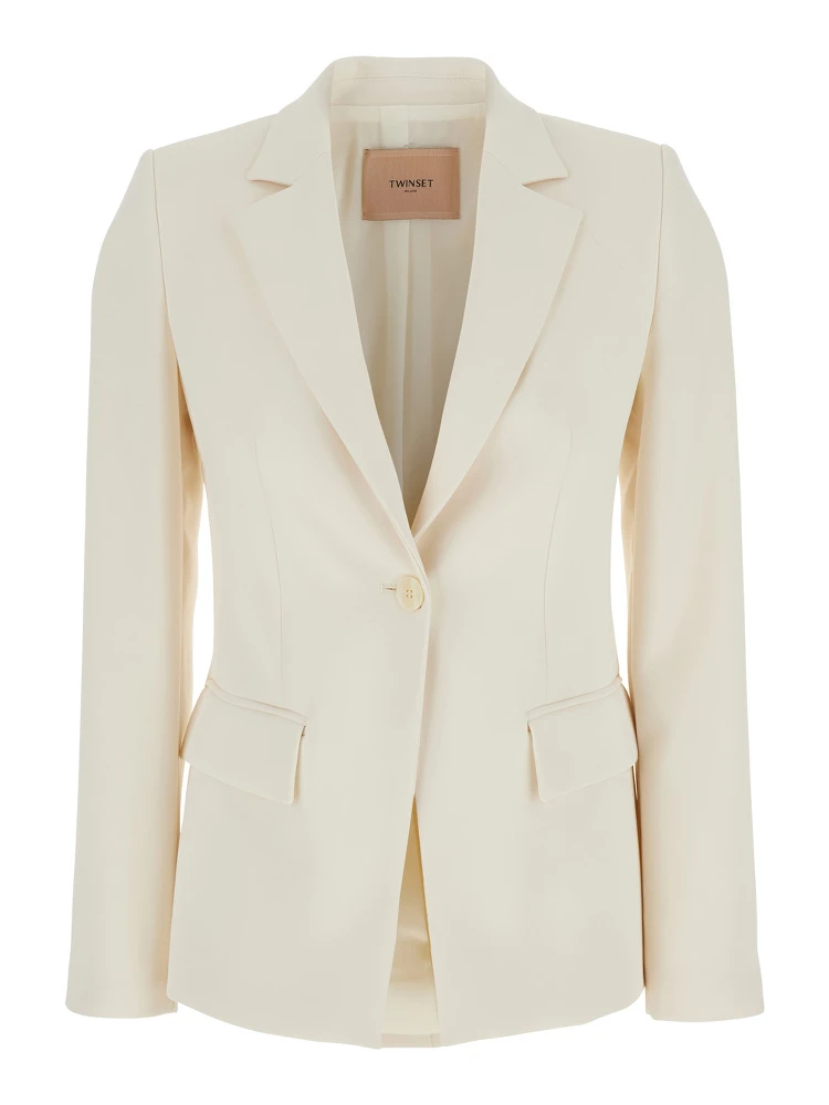 Beige Single-Breasted Jacket with Notched Revers in Viscose Blend Stretch Woman