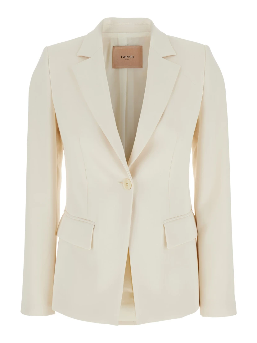 Beige Single-Breasted Jacket with Notched Revers in Viscose Blend Stretch Woman