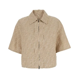 Beige Shirt with Classic Collar and Front Zip Closure in Chambray FF Woman