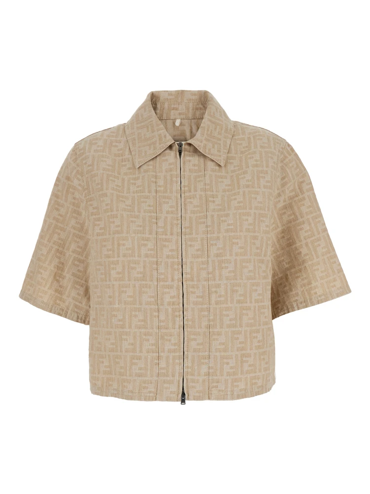 Beige Shirt with Classic Collar and Front Zip Closure in Chambray FF Woman