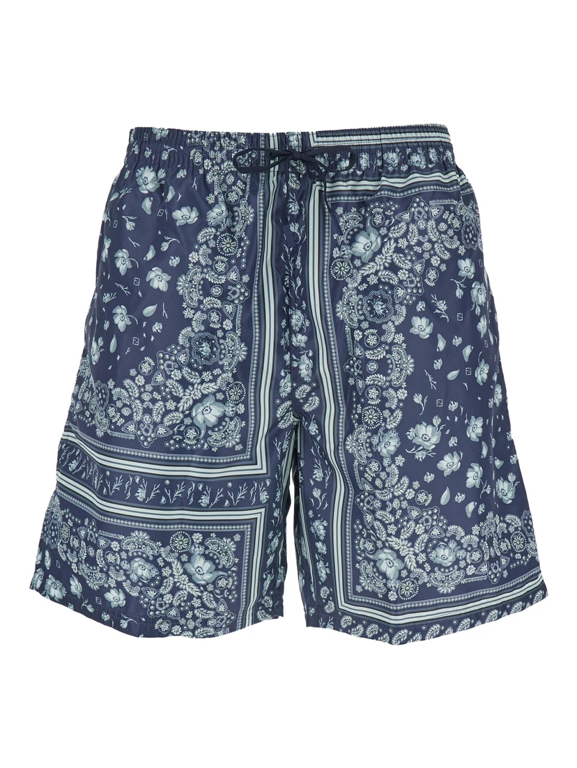 Blue Swimsuit with Elasticated Waist and All-Over FF Motif in Tech Fabric Man