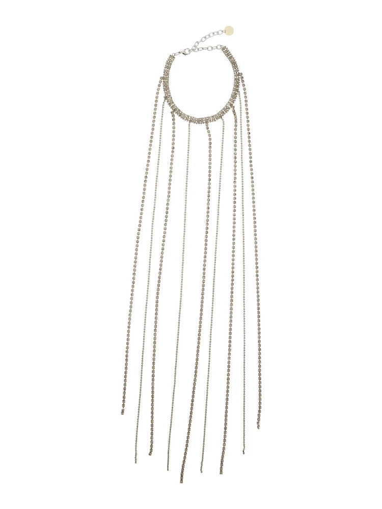 Metallic-Colored Necklace with All-Over Applied Glass Crystals and Adjustable Clasp in Brass Woman