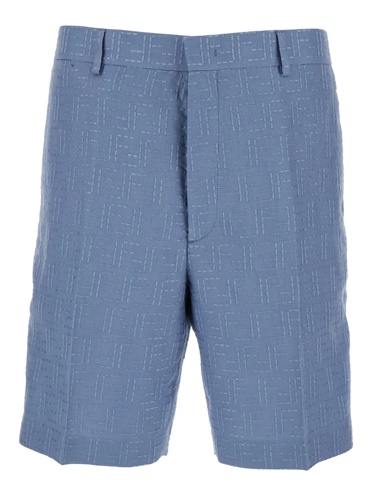 Blue Shorts with All-Over FF Jacquard in Linen Blend Man