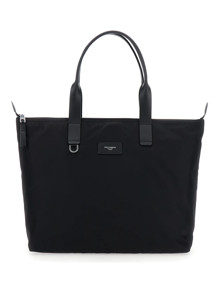 Black Tote Bag with Two Top Handles and Logo Plaque on the Front in Tech Fabric Man