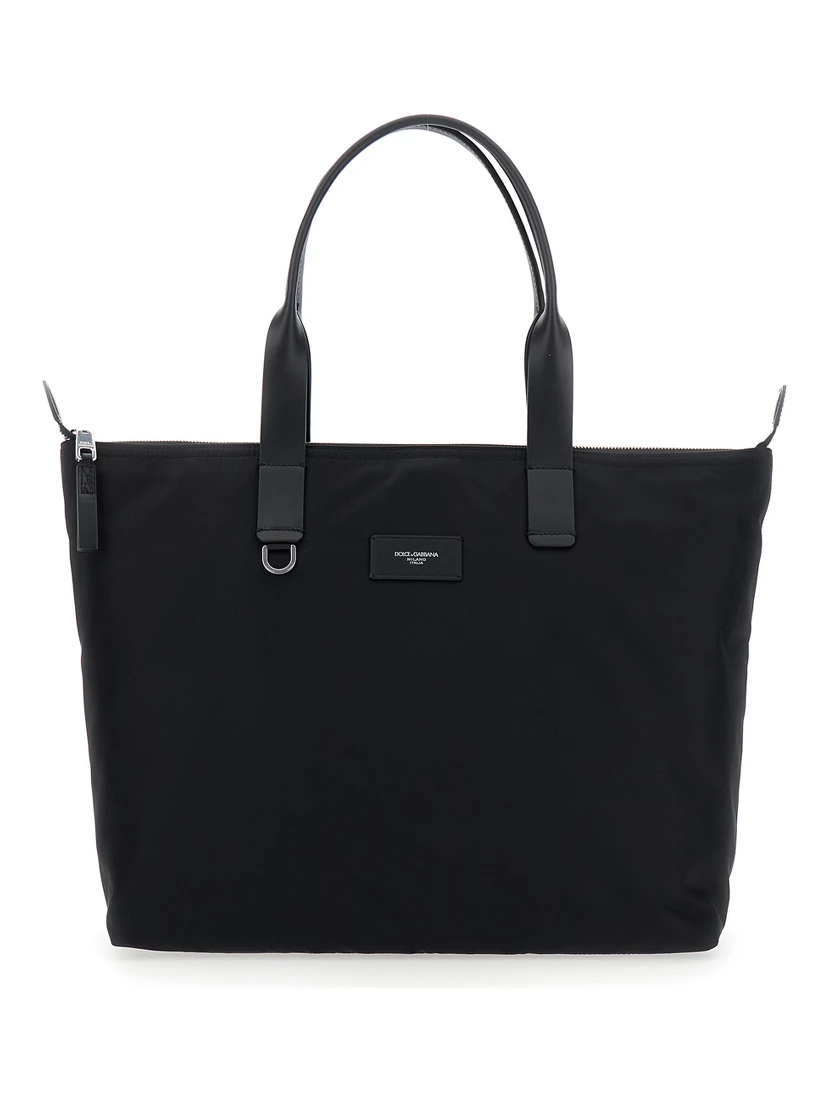 Black Tote Bag with Two Top Handles and Logo Plaque on the Front in Tech Fabric Man
