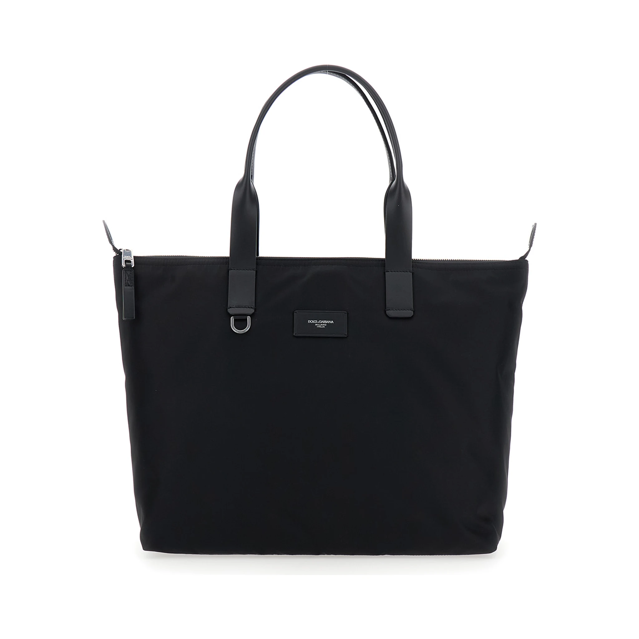 Black Tote Bag with Two Top Handles and Logo Plaque on the Front in Tech Fabric Man