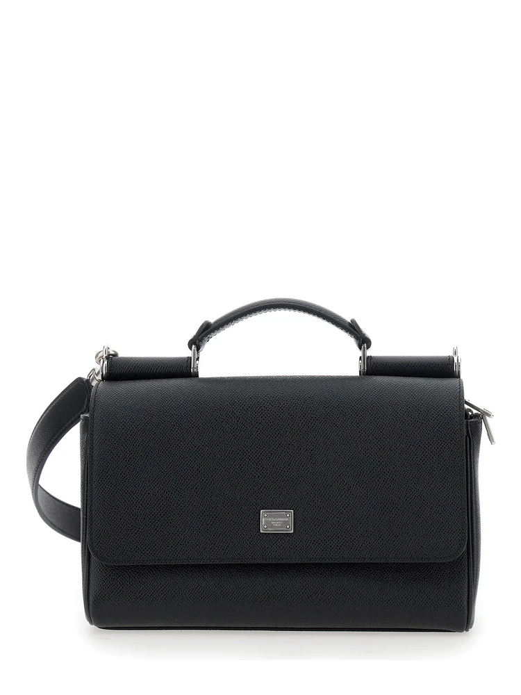 Sicily Black Crossbody Bag with Adjustable and Removable Shoulder Strap and Logo Plaque on the Front in Leather Man