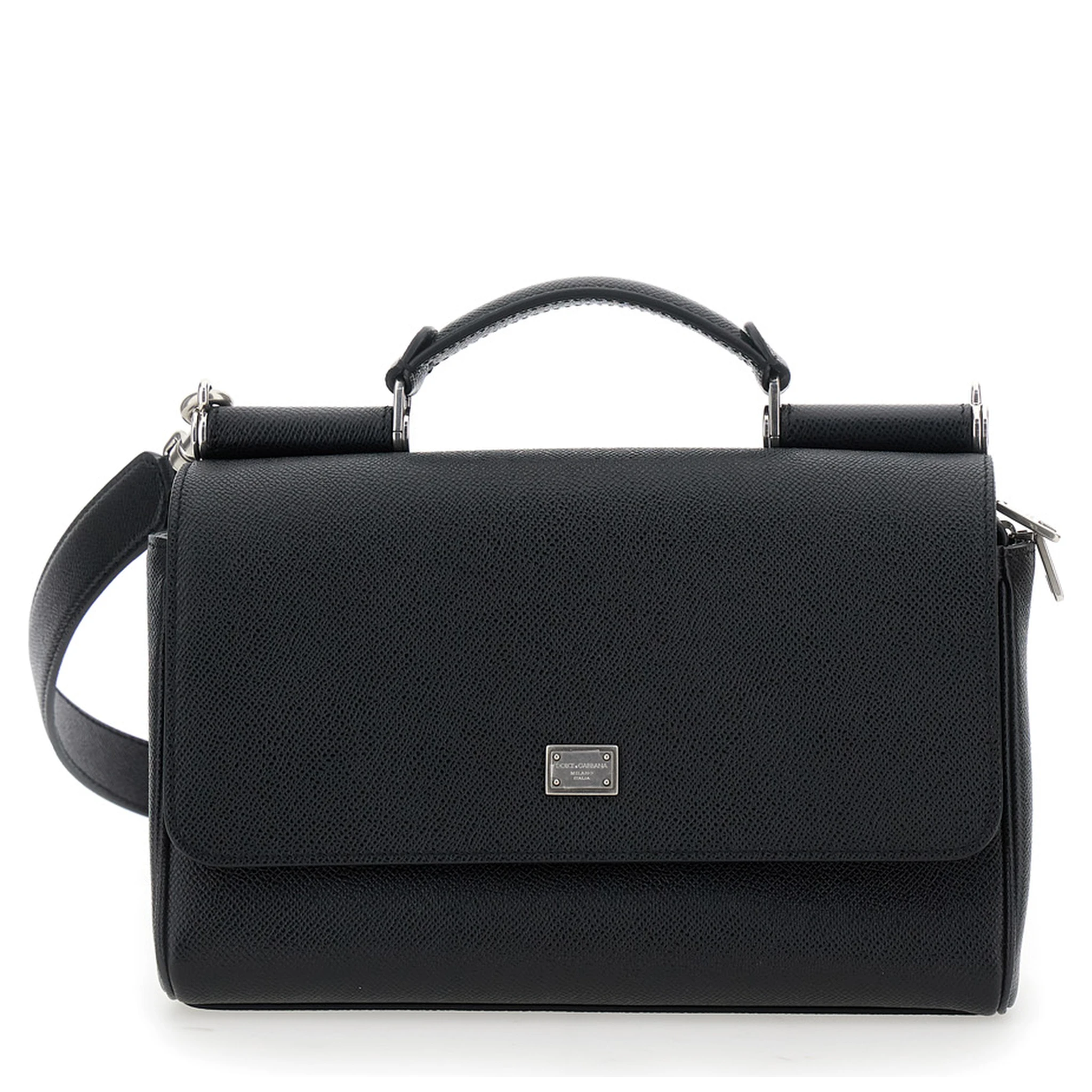 Sicily Black Crossbody Bag with Adjustable and Removable Shoulder Strap and Logo Plaque on the Front in Leather Man