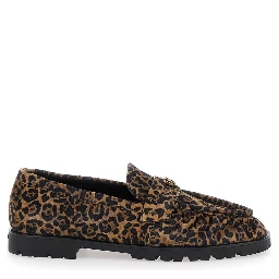 Brown Loafers with Leopard Print and Logo Plaque in Leather Woman