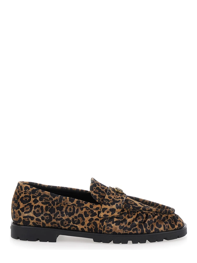 Brown Loafers with Leopard Print and Logo Plaque in Leather Woman