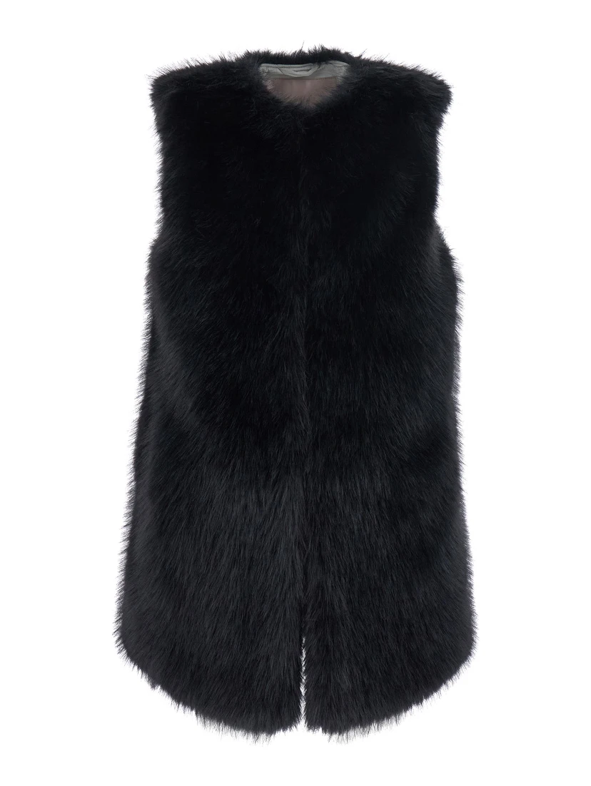 Black Sleeveless Vest with Concealed Closure on the Front in Ecofur Woman