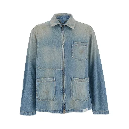 Light Blue Jacket with Classic Collar and Logo Patch on the Rear in Denim Man