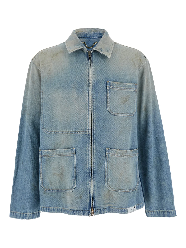 Light Blue Jacket with Classic Collar and Logo Patch on the Rear in Denim Man