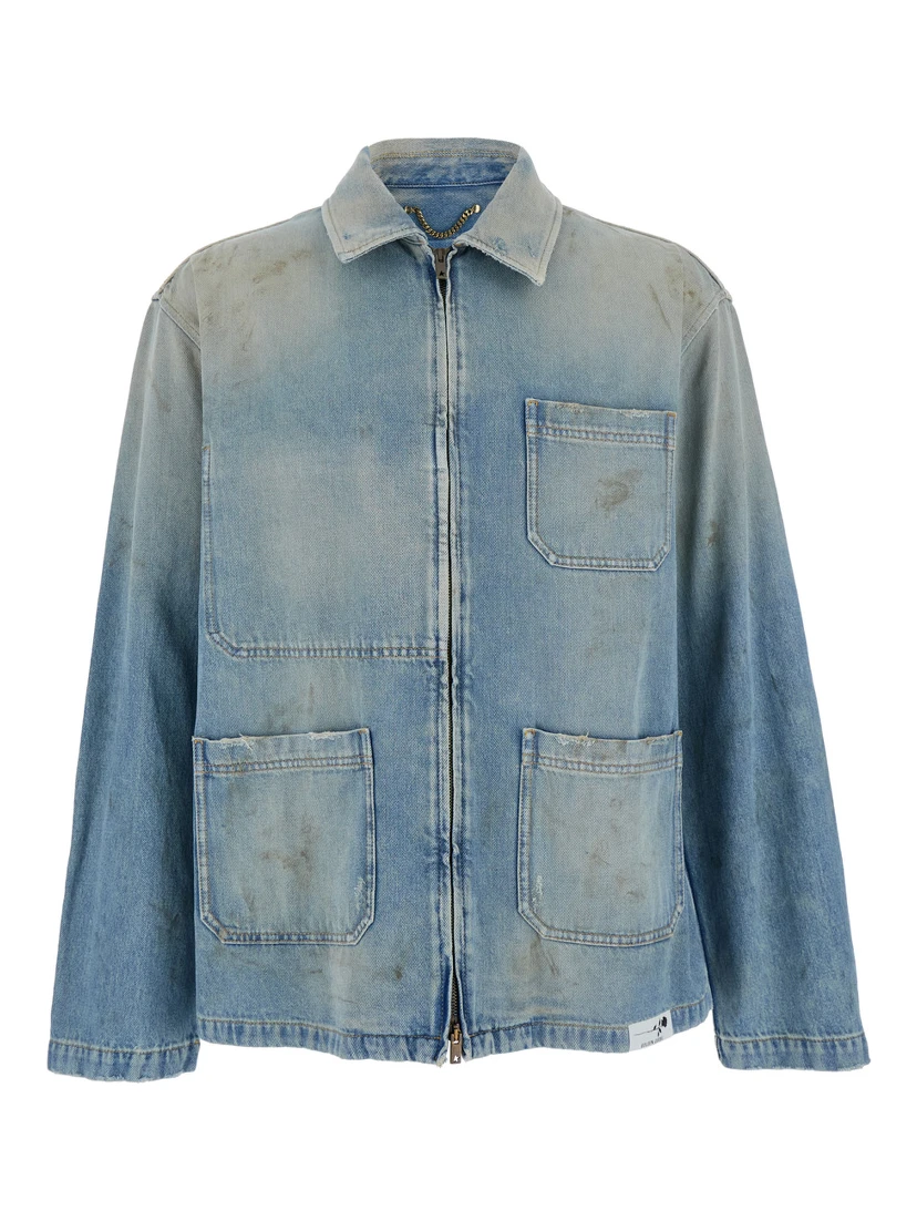 Light Blue Jacket with Classic Collar and Logo Patch on the Rear in Denim Man