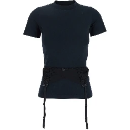 Black Crewneck T-Shirt with Underwear Detail on the Waist in Cotton Woman