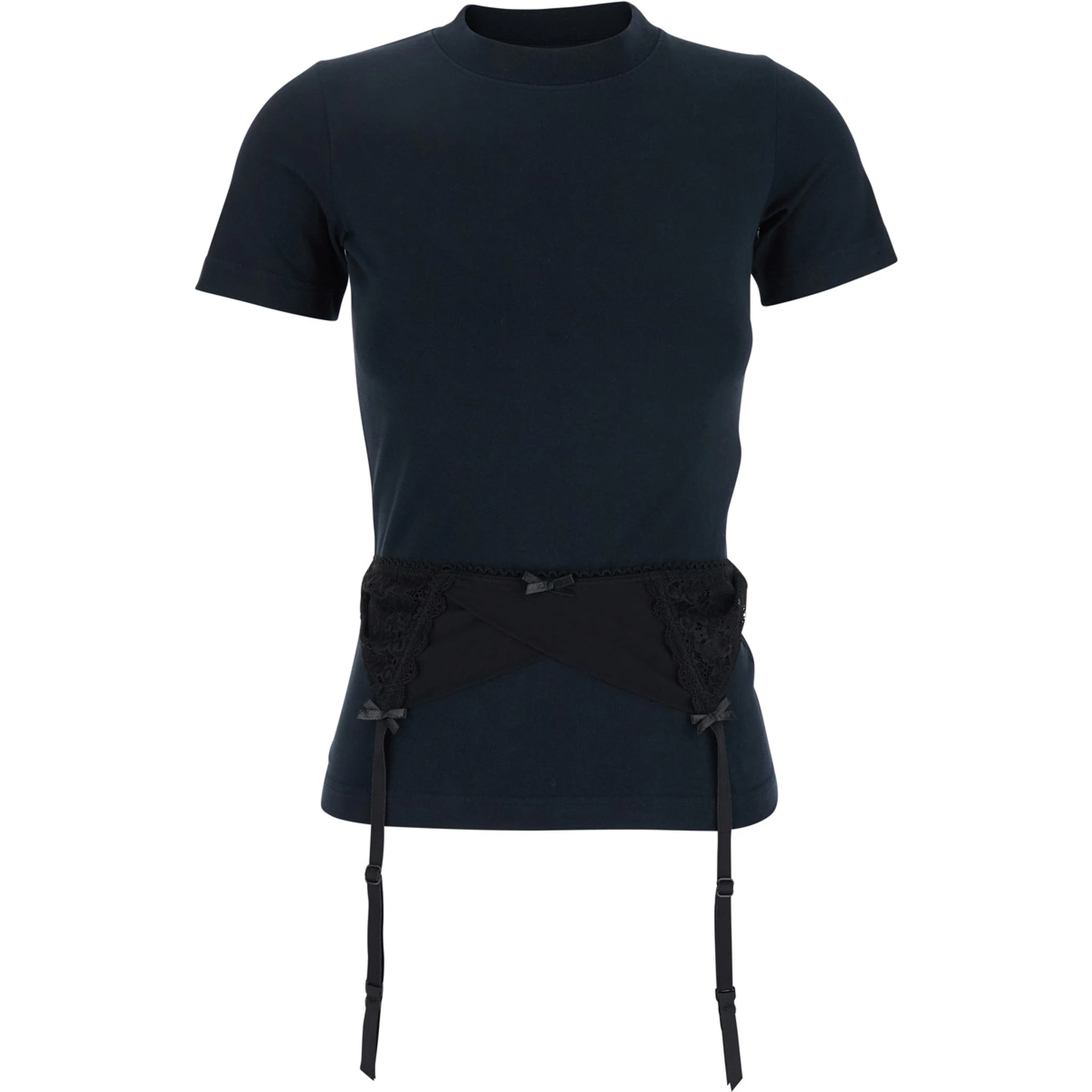 Black Crewneck T-Shirt with Underwear Detail on the Waist in Cotton Woman