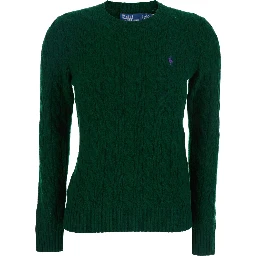 Julianna Green Sweater with Round Neck and Pony Embroidery on the Front in Wool and Cashmere Woman