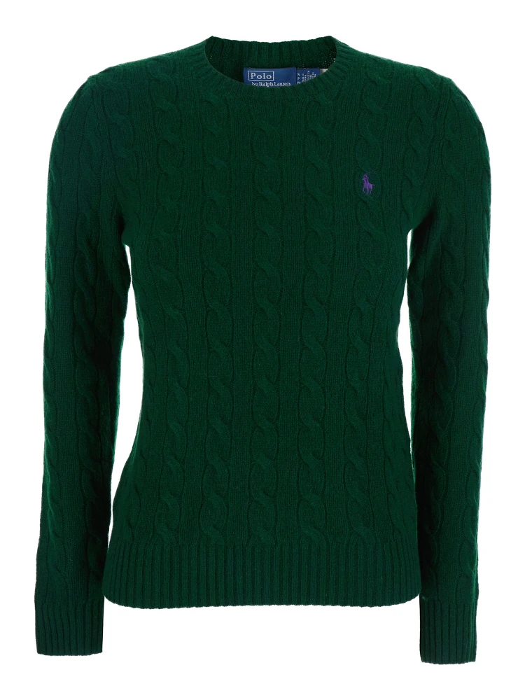Julianna Green Sweater with Round Neck and Pony Embroidery on the Front in Wool and Cashmere Woman