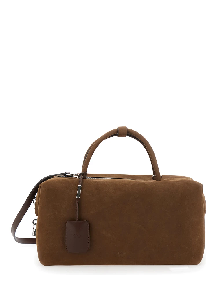 Holdall Brown Handbag with Adjustable and Removable Shoulder Strap and Tag with Embossed Logo on the Front in Suede Woman