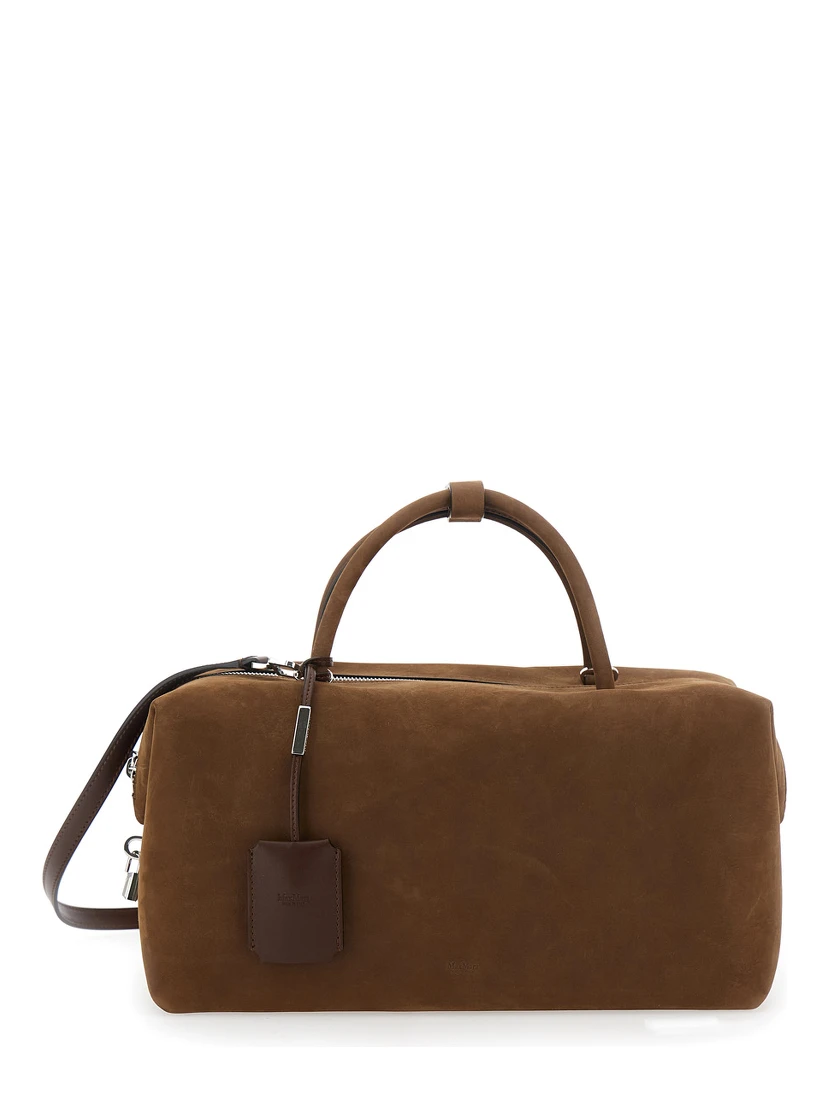 Holdall Brown Handbag with Adjustable and Removable Shoulder Strap and Tag with Embossed Logo on the Front in Suede Woman