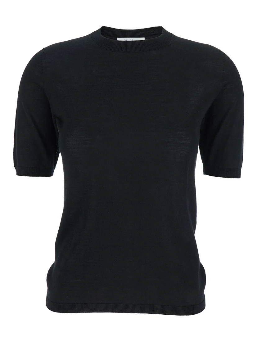 Gerico Black Crewneck Sweater with Short Sleeves in Wool Woman