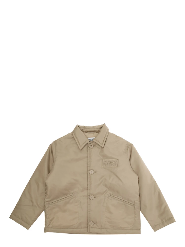 Beige Jacket with Classic Collar and Logo Patch on Front in Tech Fabric Boy