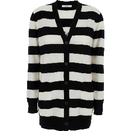 Fiemme Black and White Cardigan with Rear Embroidery and All-Over Striped Motif in Wool Woman