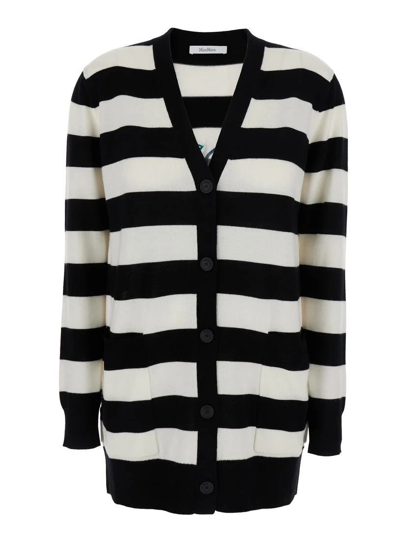 Fiemme Black and White Cardigan with Rear Embroidery and All-Over Striped Motif in Wool Woman