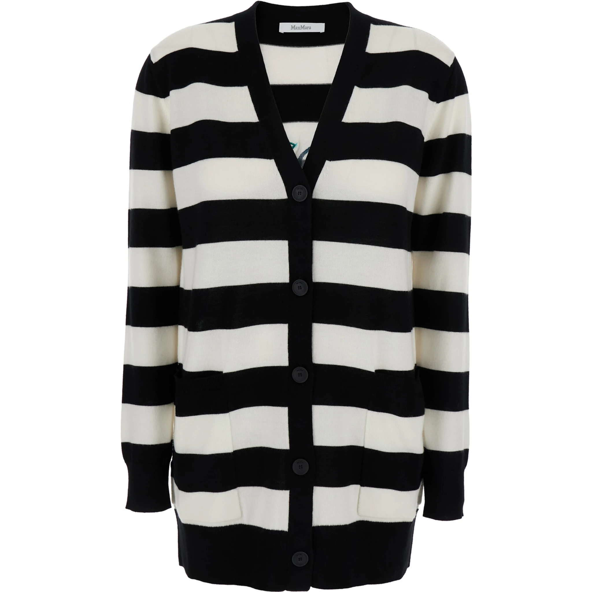 Fiemme Black and White Cardigan with Rear Embroidery and All-Over Striped Motif in Wool Woman