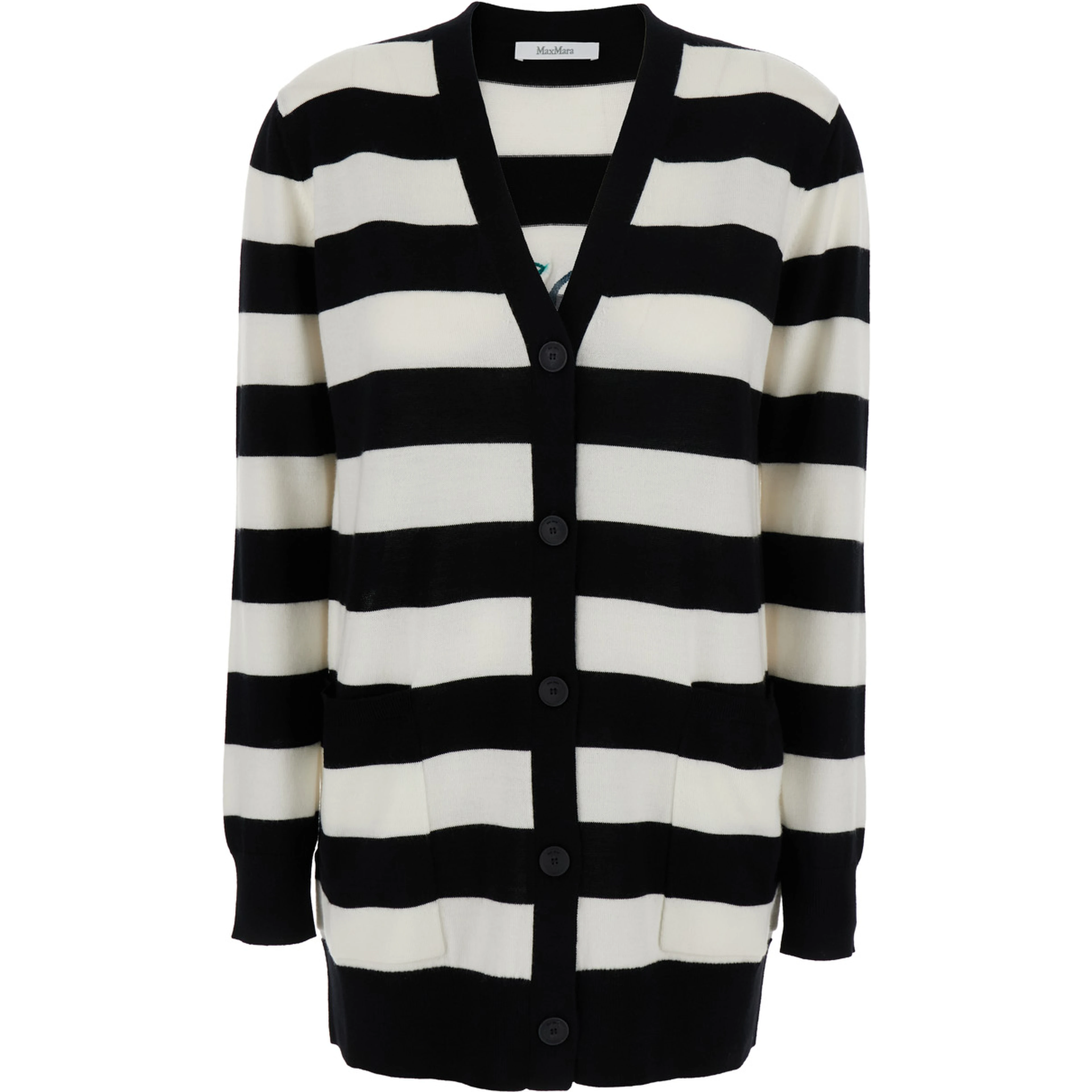 Fiemme Black and White Cardigan with Rear Embroidery and All-Over Striped Motif in Wool Woman