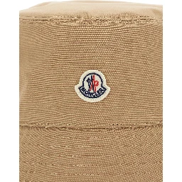 Beige Bucket Hat with Dropped Wide Brim and Logo Patch on the Front in Cotton Blend Woman