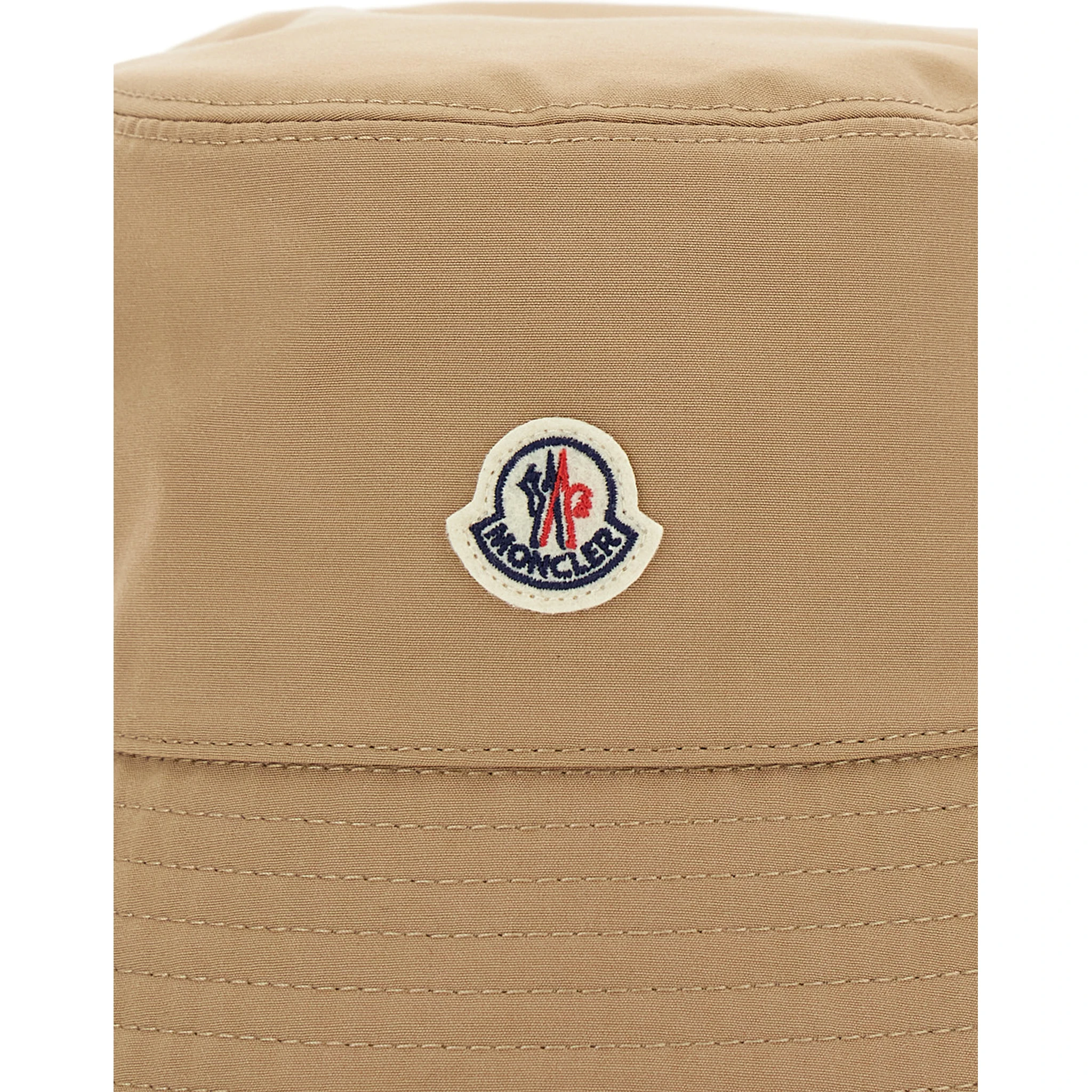 Beige Bucket Hat with Dropped Wide Brim and Logo Patch on the Front in Cotton Blend Woman