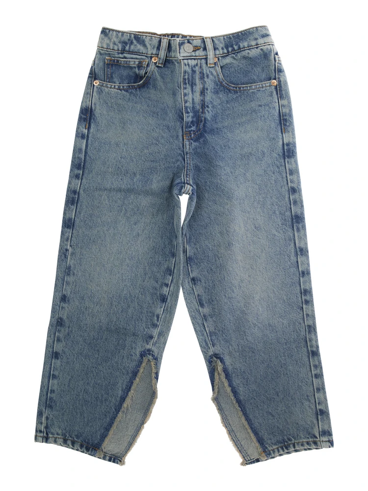 Blue Jeans with Logo Patch on the Back and Side Slits in Denim Boy