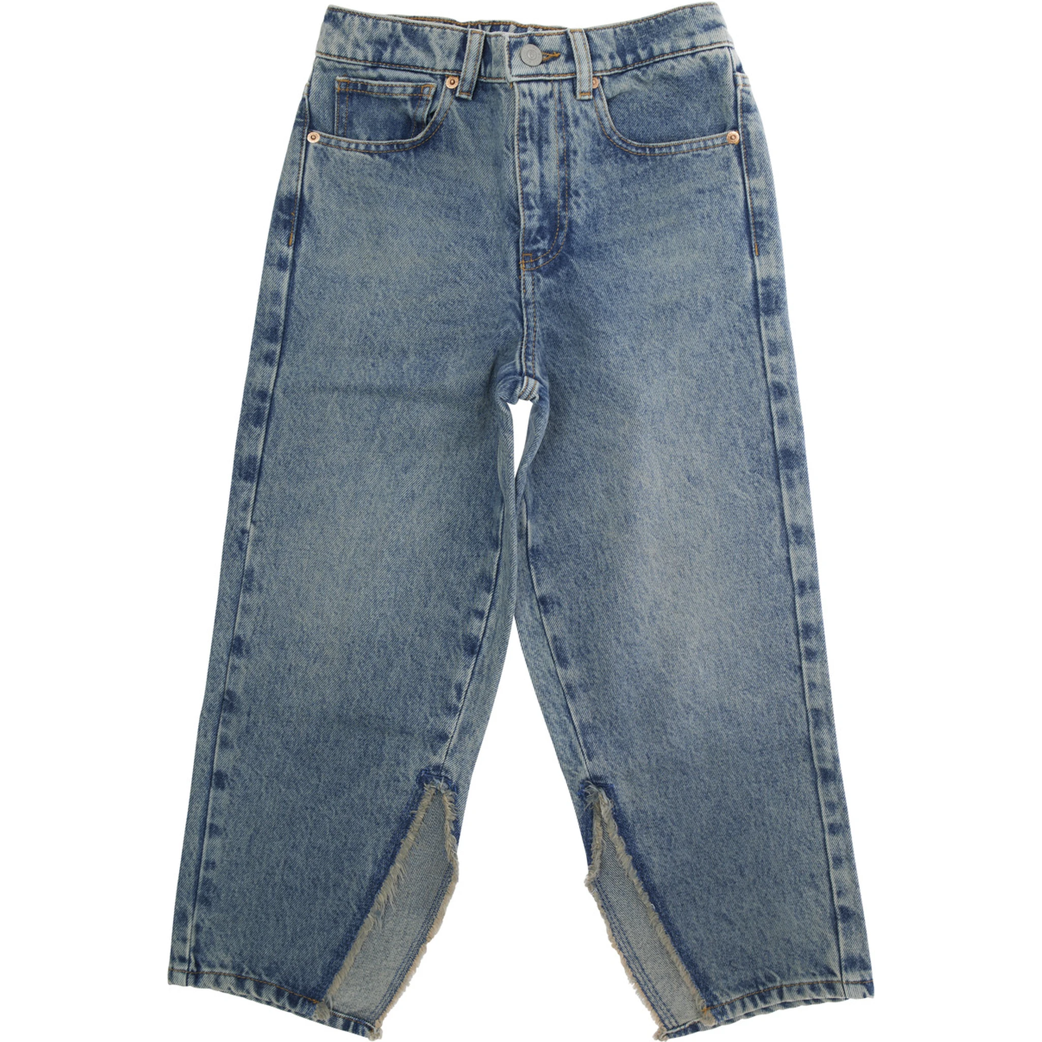 Blue Jeans with Logo Patch on the Back and Side Slits in Denim Boy