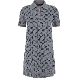 Grey Dress with Wide Collar and All-Over GG Motif in Wool Woman