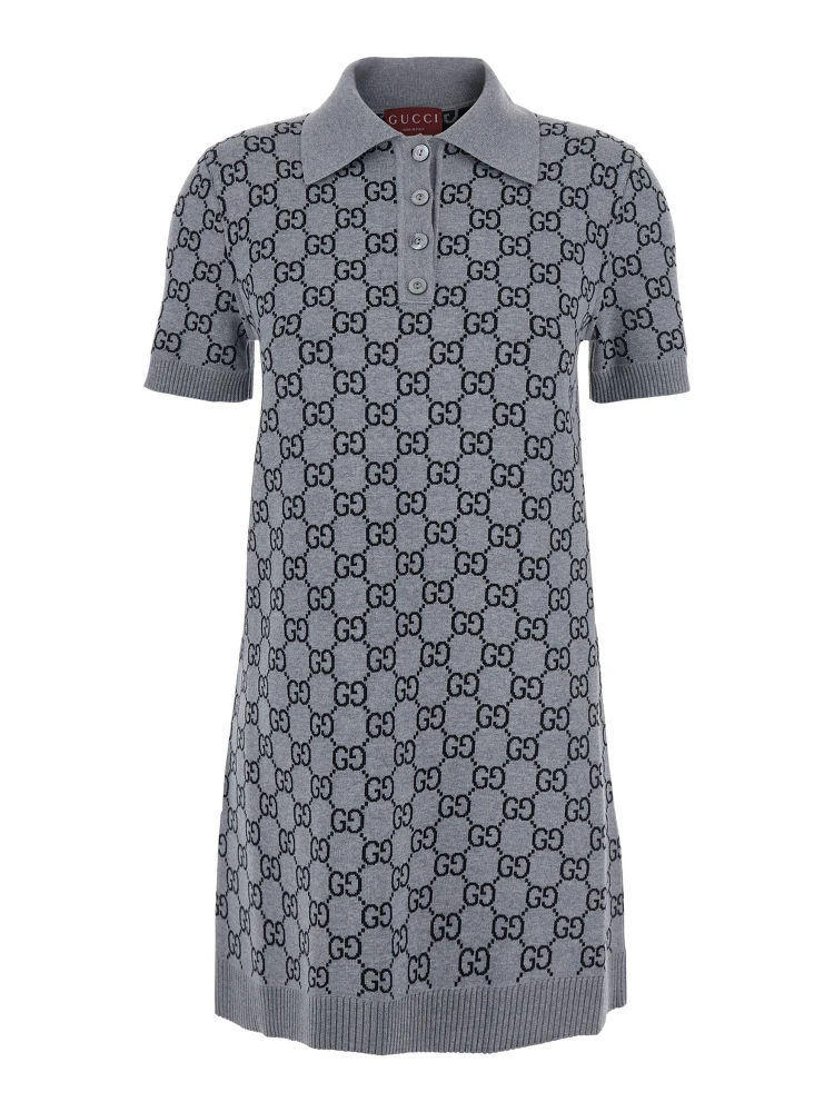 Grey Dress with Wide Collar and All-Over GG Motif in Wool Woman