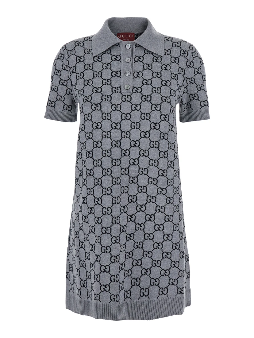 Grey Dress with Wide Collar and All-Over GG Motif in Wool Woman