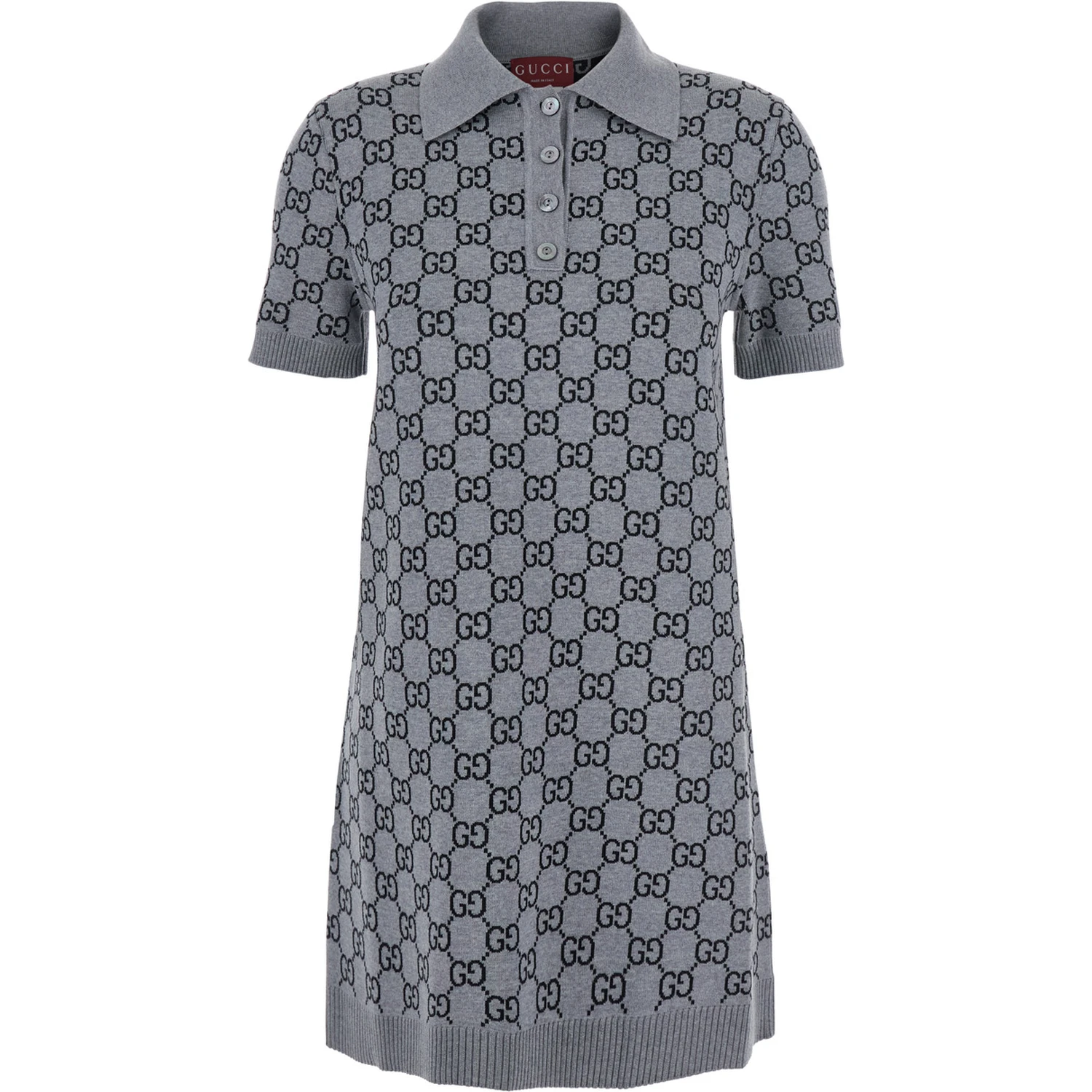 Grey Dress with Wide Collar and All-Over GG Motif in Wool Woman