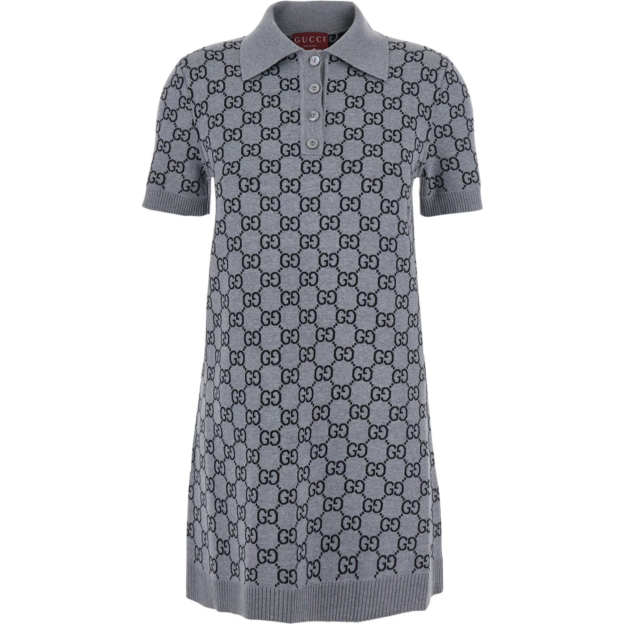 Grey Dress with Wide Collar and All-Over GG Motif in Wool Woman