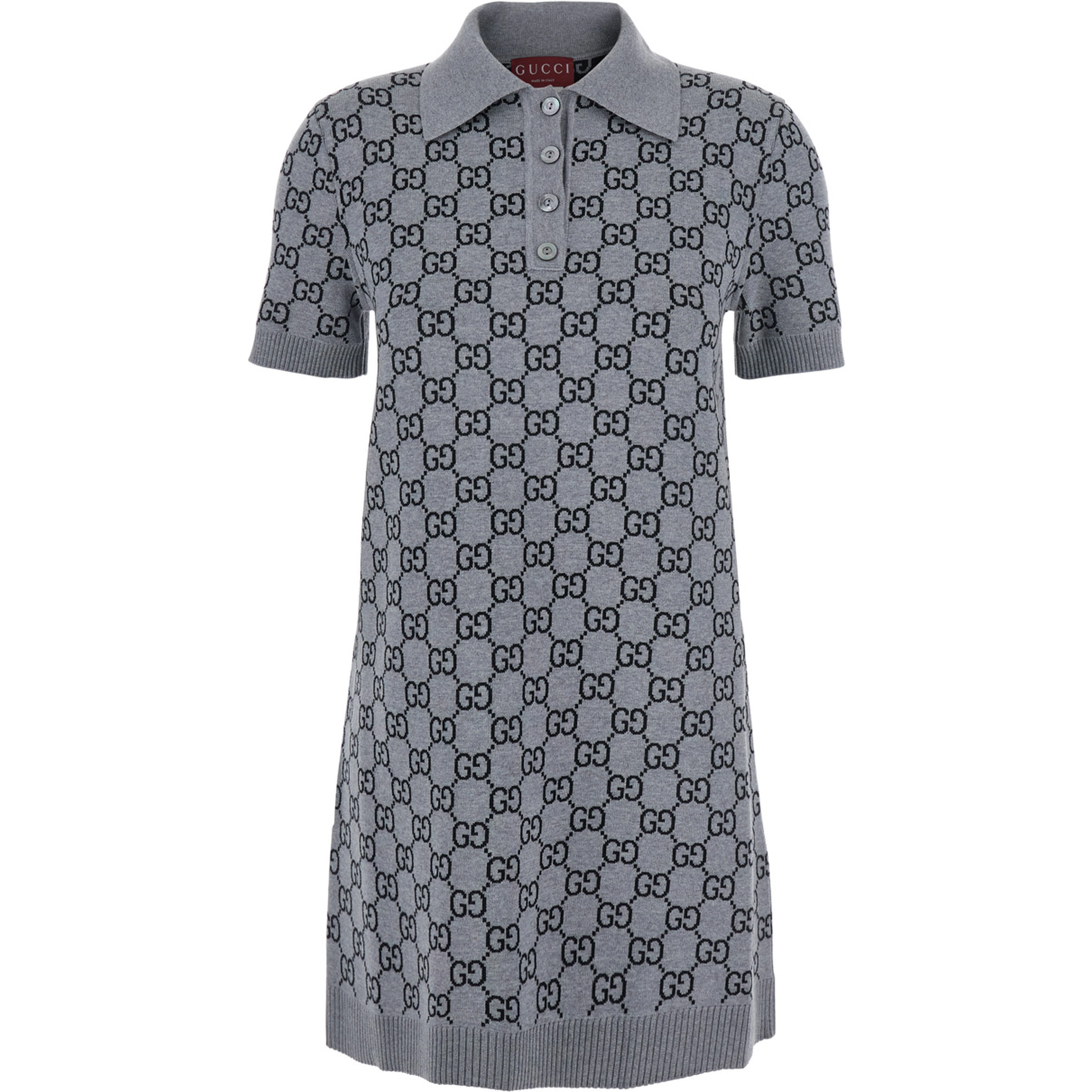 Grey Dress with Wide Collar and All-Over GG Motif in Wool Woman