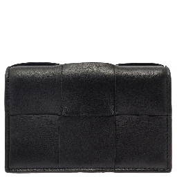 Cassette Black Business Card Case in Intreccio Leather Woman