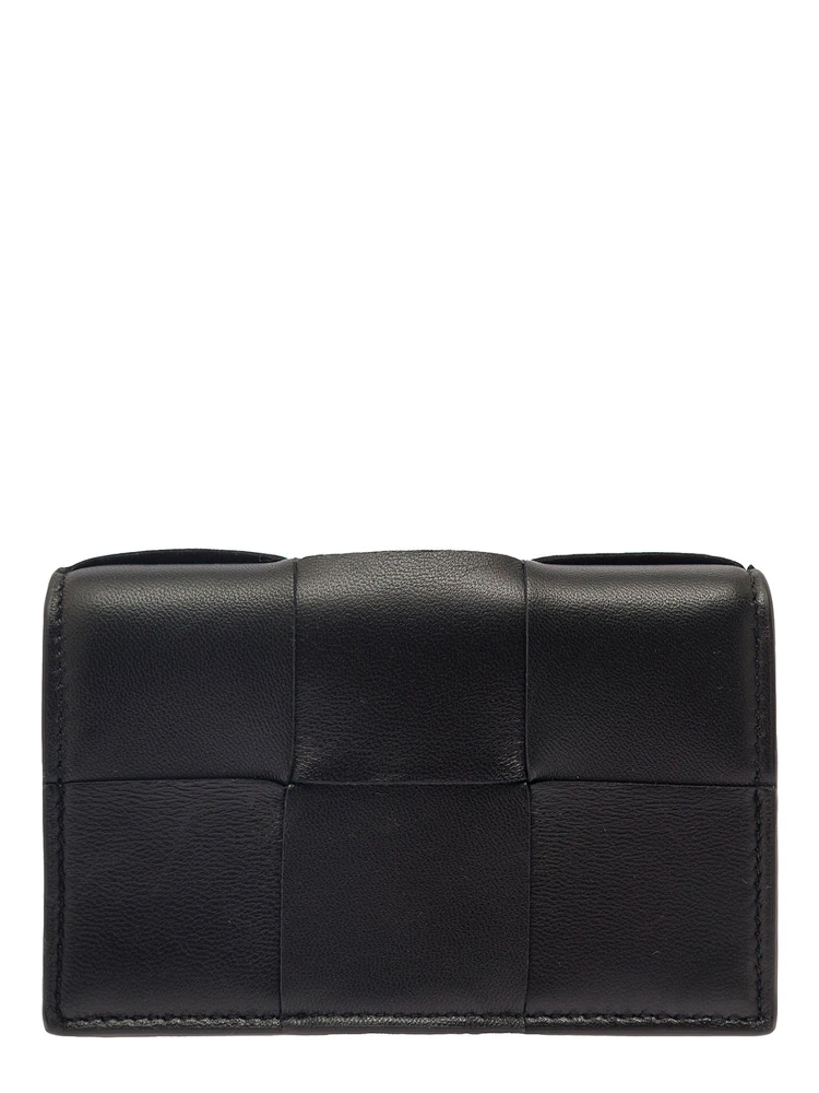 Cassette Black Business Card Case in Intreccio Leather Woman alternative
